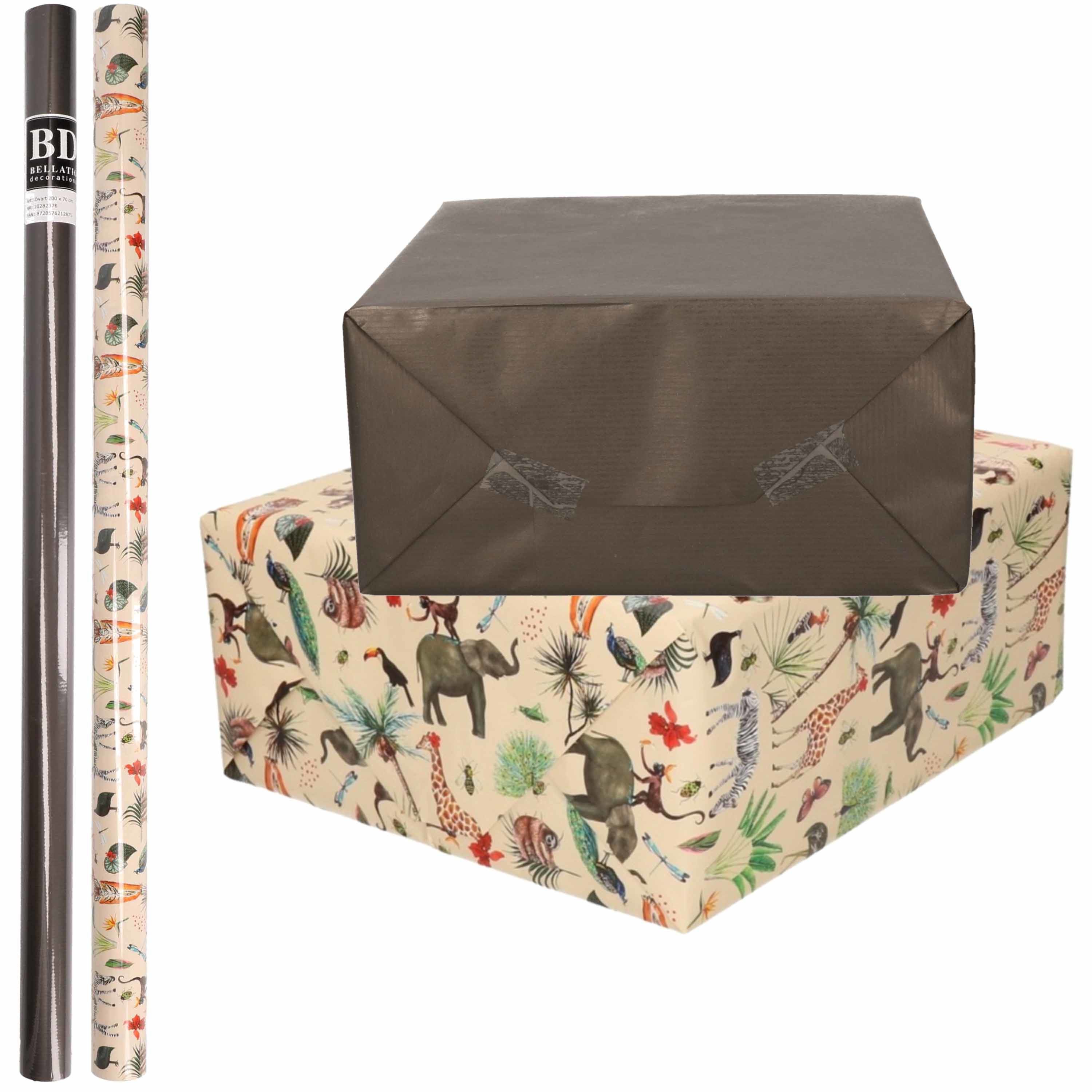 4x Rollen kraft inpakpapier jungle-oerwoud pakket dieren-zwart 200 x 70 cm