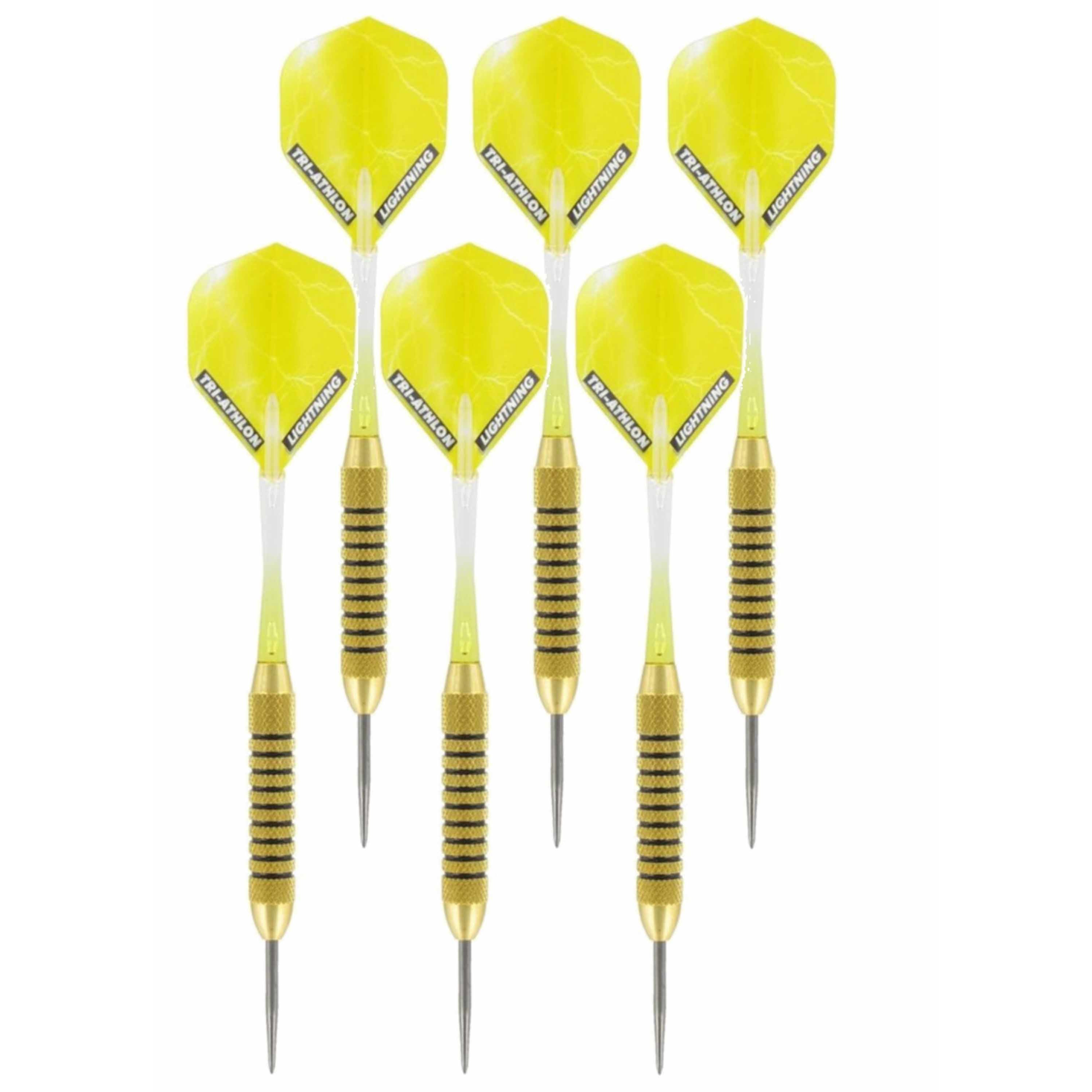 4x Set van dartpijltjes Speedy Yellow Brass met Metallic Lightning flites 21 grams