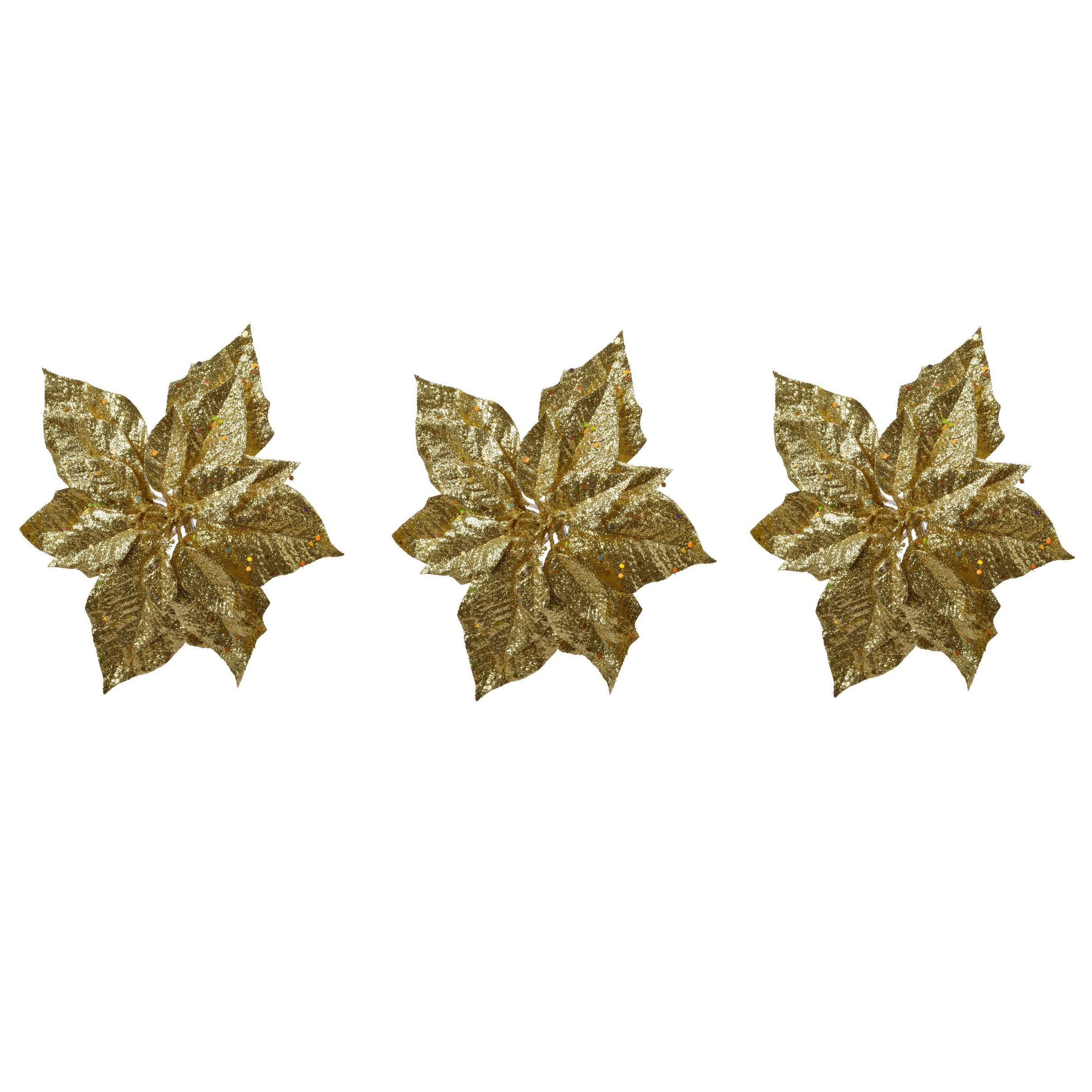 4x stuks decoratie bloemen kerstster goud glitter op clip 23 cm