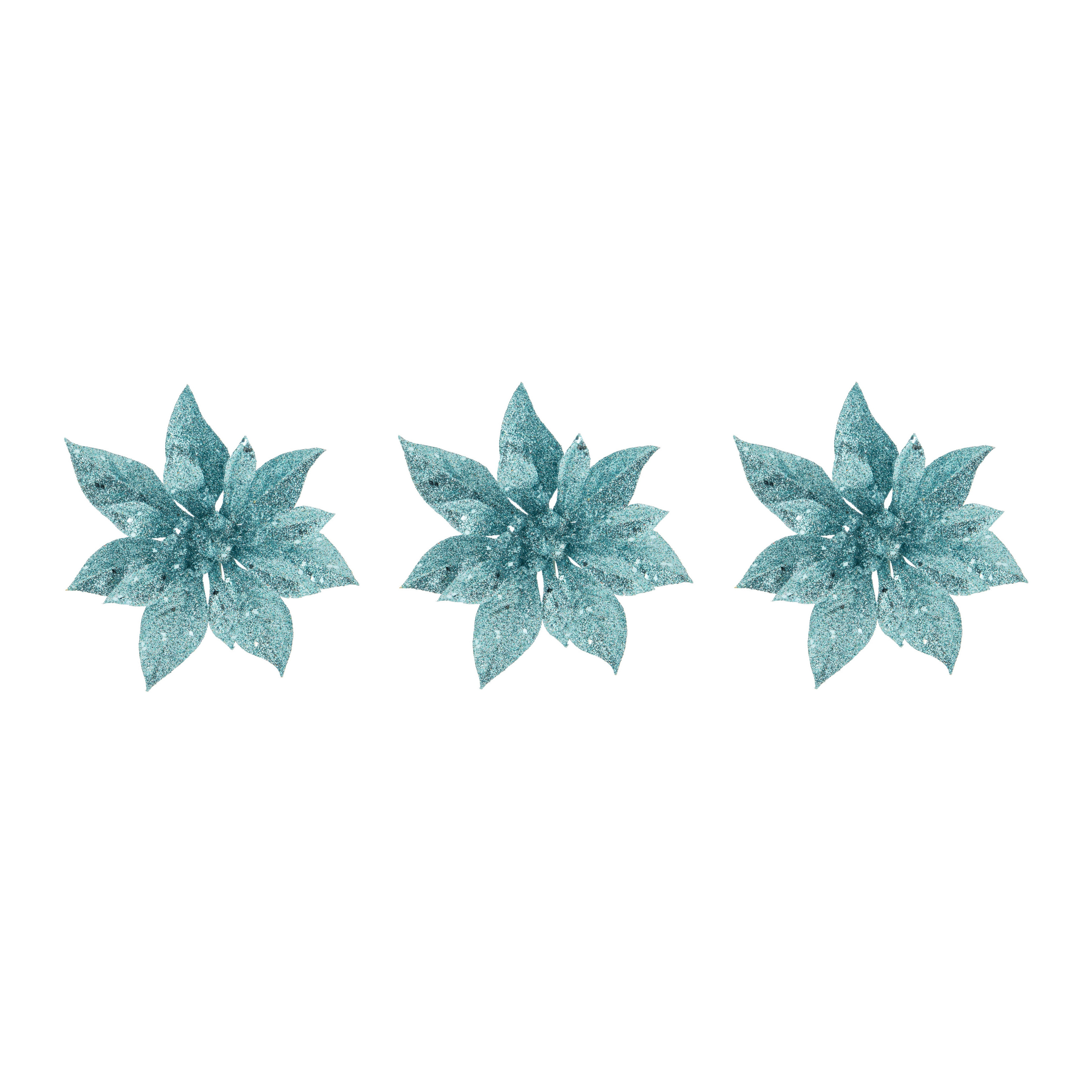4x stuks decoratie bloemen kerstster ijsblauw glitter op clip 15 cm