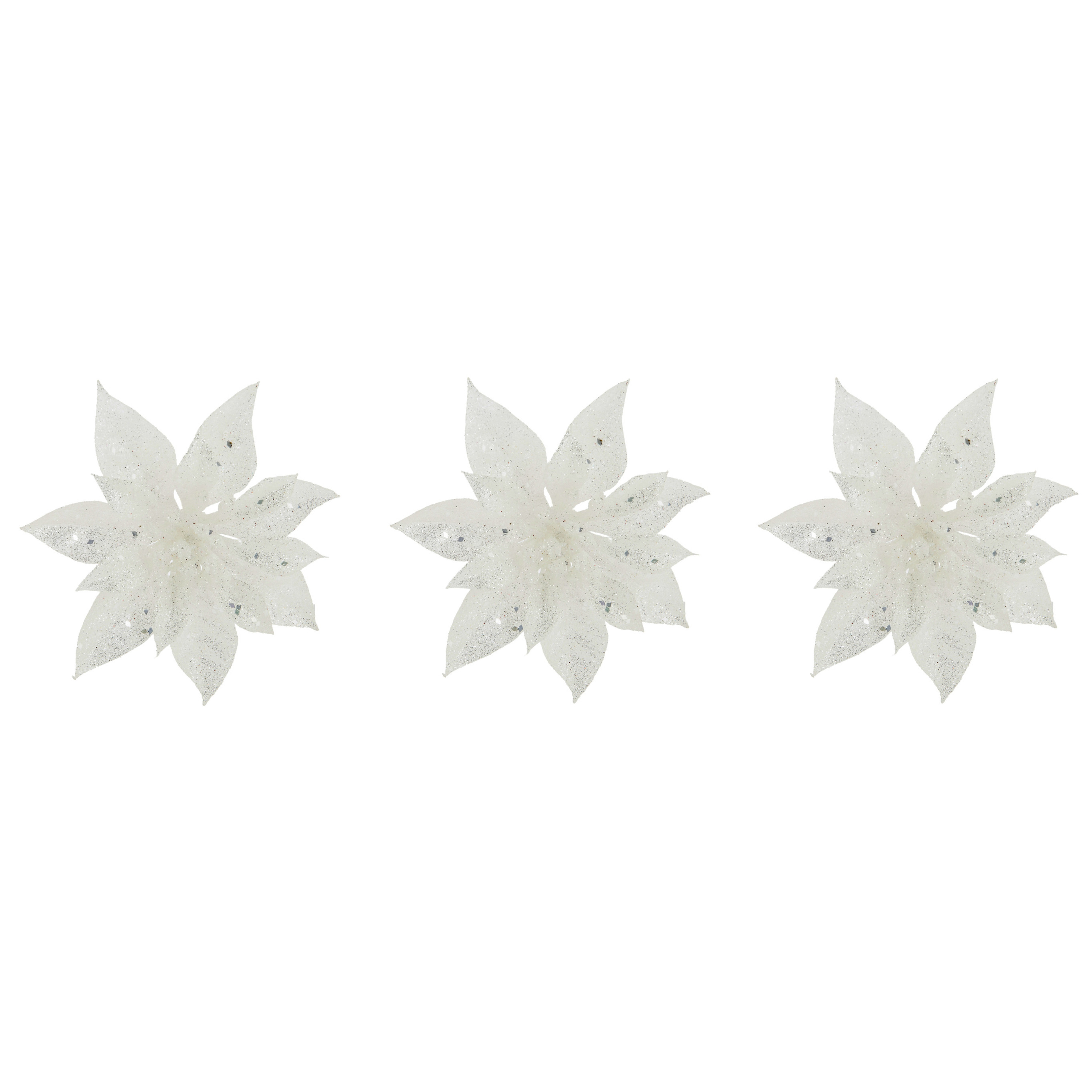4x stuks decoratie bloemen kerstster wit glitter op clip 15 cm