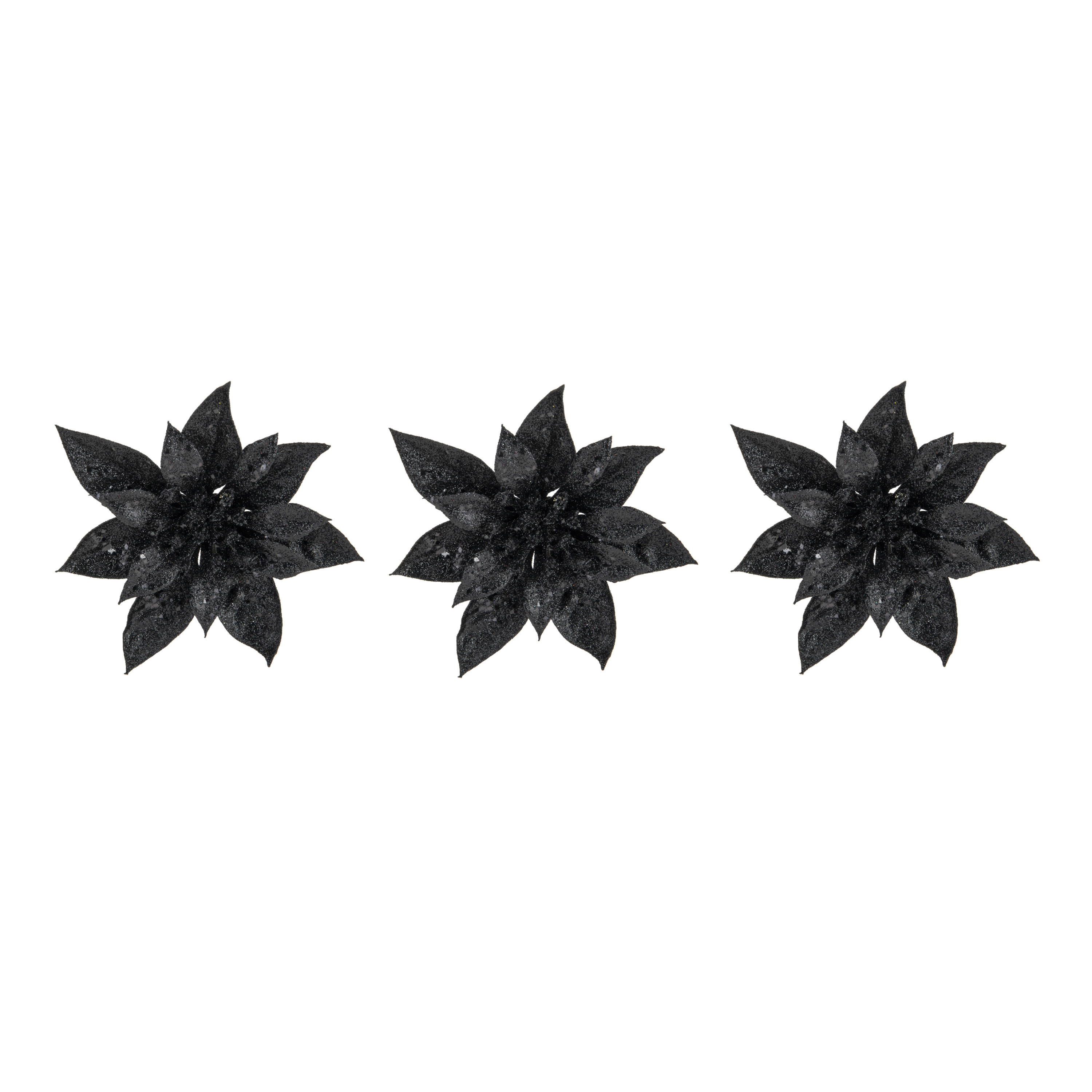 4x stuks decoratie bloemen kerstster zwart glitter op clip 15 cm