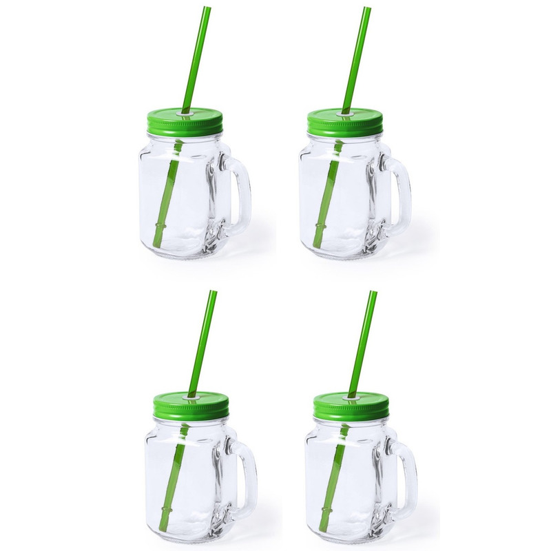 4x stuks Drink potjes van glas Mason Jar groene deksel 500 ml