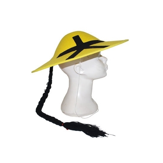 4x stuks geel Chinezen-Aziatische verkleed thema hoedje met vlecht