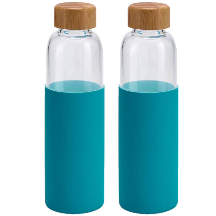 4x Stuks glazen waterfles-drinkfles met turquoise blauwe siliconen bescherm hoes 600 ml