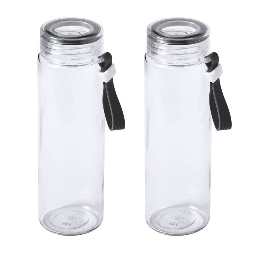 4x Stuks glazen waterfles-drinkfles transparant met schroefdop zwart handvat 420 ml