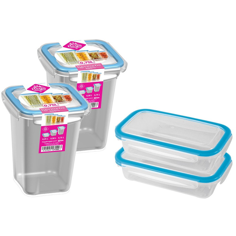 4x Voedsel plastic bewaarbakjes 0,5 en 0,75 liter transparant-blauw