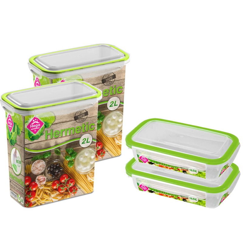 4x Voedsel plastic bewaarbakjes 0,5 en 2 liter transparant-groen