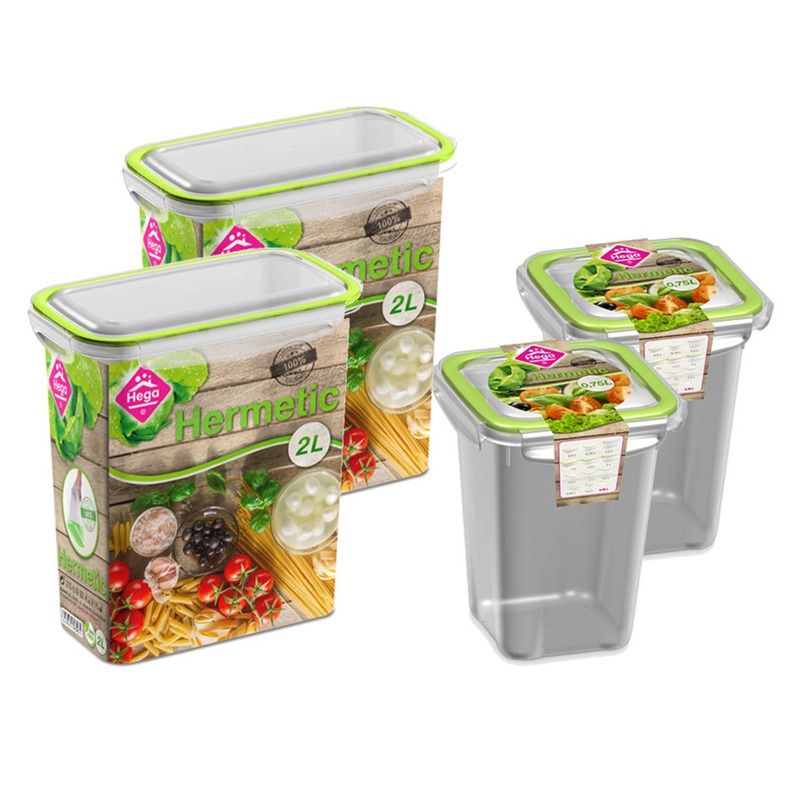 4x Voedsel plastic bewaarbakjes 0,75 en 2 liter transparant-groen