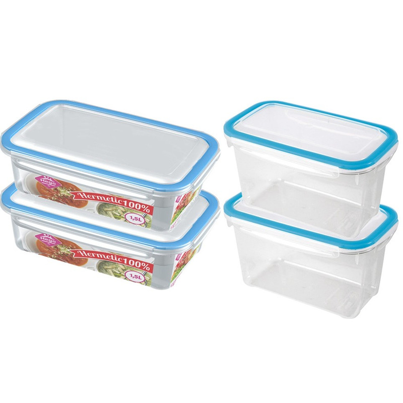 4x Voedsel plastic bewaarbakjes 1,2 en 1,5 liter transparant-blauw