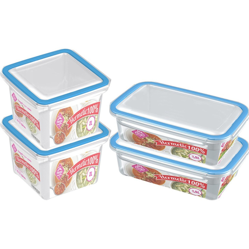 4x Voedsel plastic bewaarbakjes 1,5 en 2 liter transparant-blauw