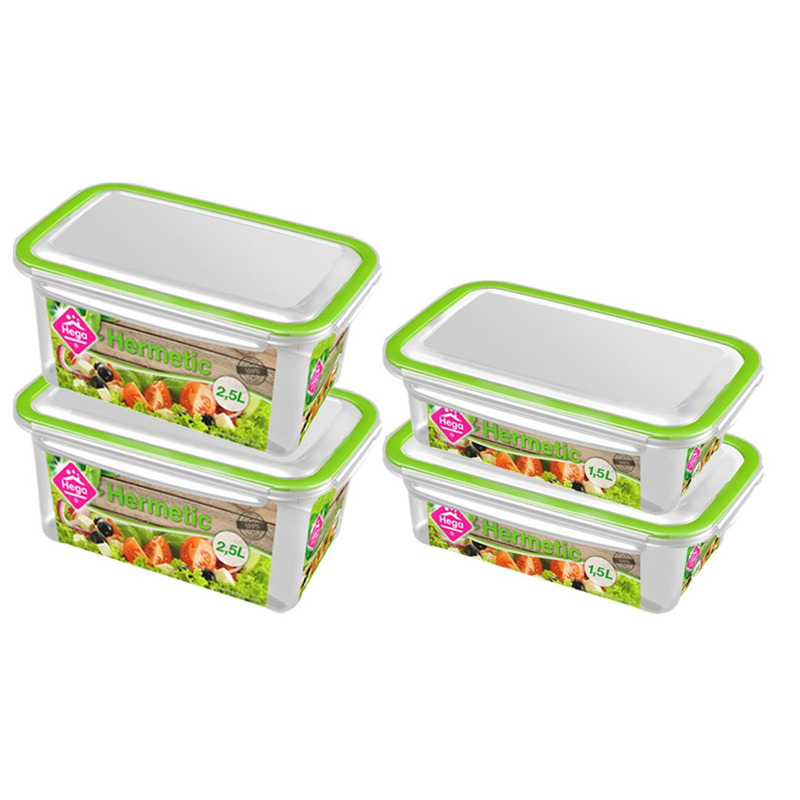 4x Voedsel plastic bewaarbakjes 1,5 en 2,5 liter transparant-groen
