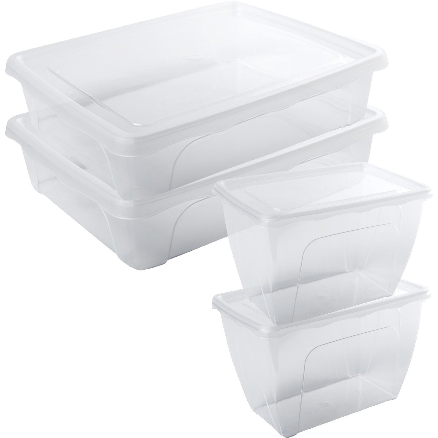 4x Voedsel plastic bewaarbakjes hoog-diep 1,5 en laag 2 liter transparant