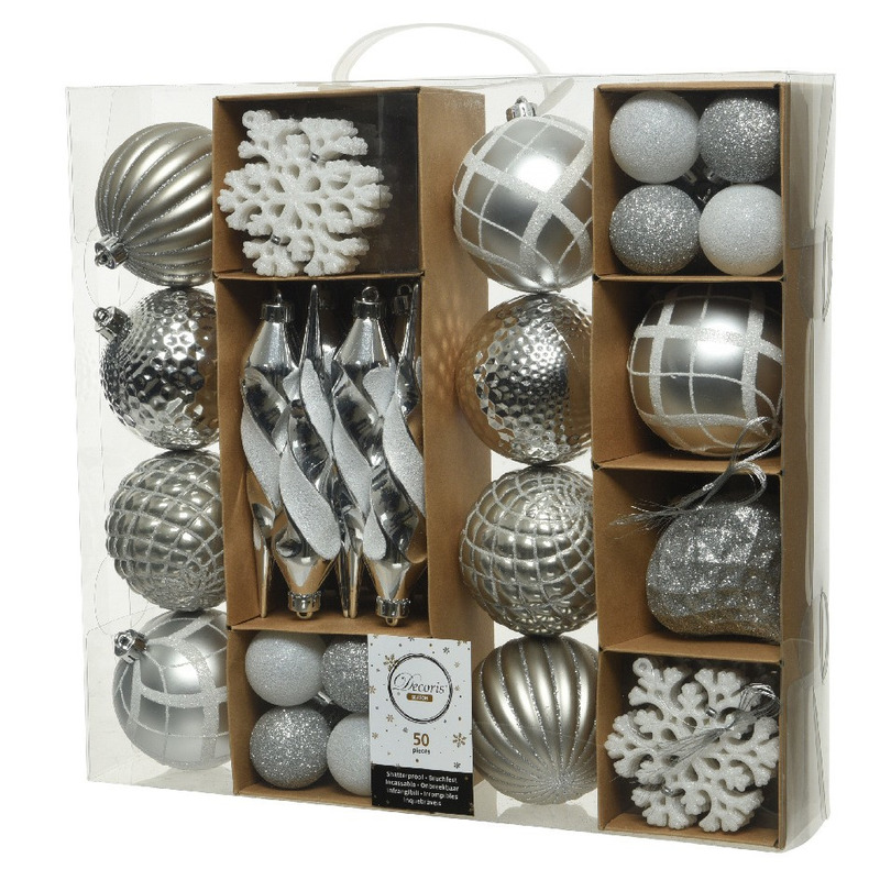 50x Kunststof kerstballen mix zilver 4-8-15 cm kerstboom versiering-decoratie