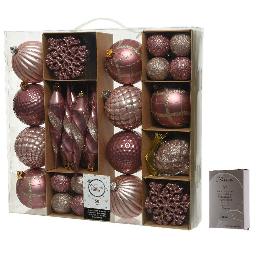 50x Roze kerstballen en figuren 4-8-15 cm kunststof mix incl. ophanghaakjes