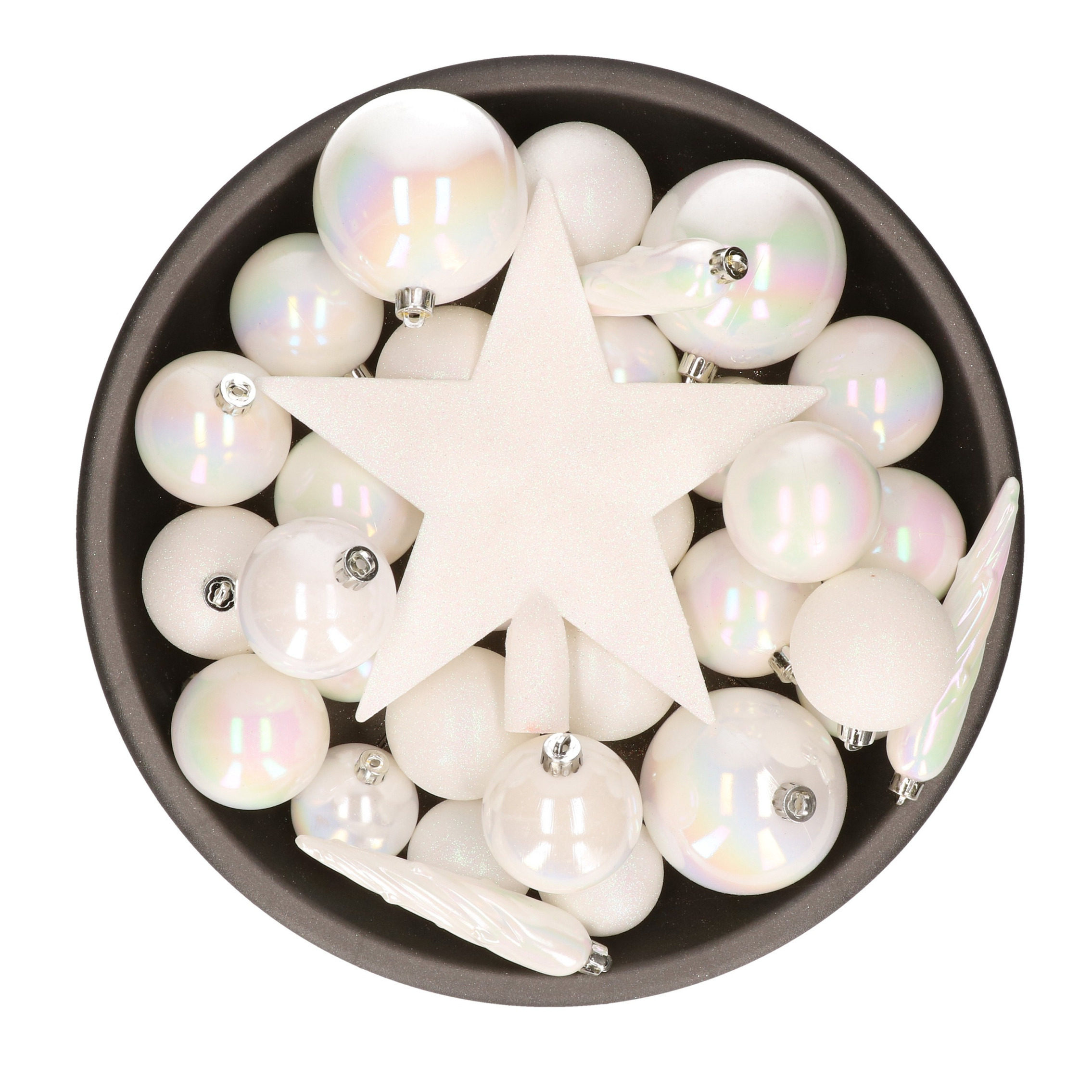 55x stuks kunststof kerstballen met ster piek parelmoer wit mix