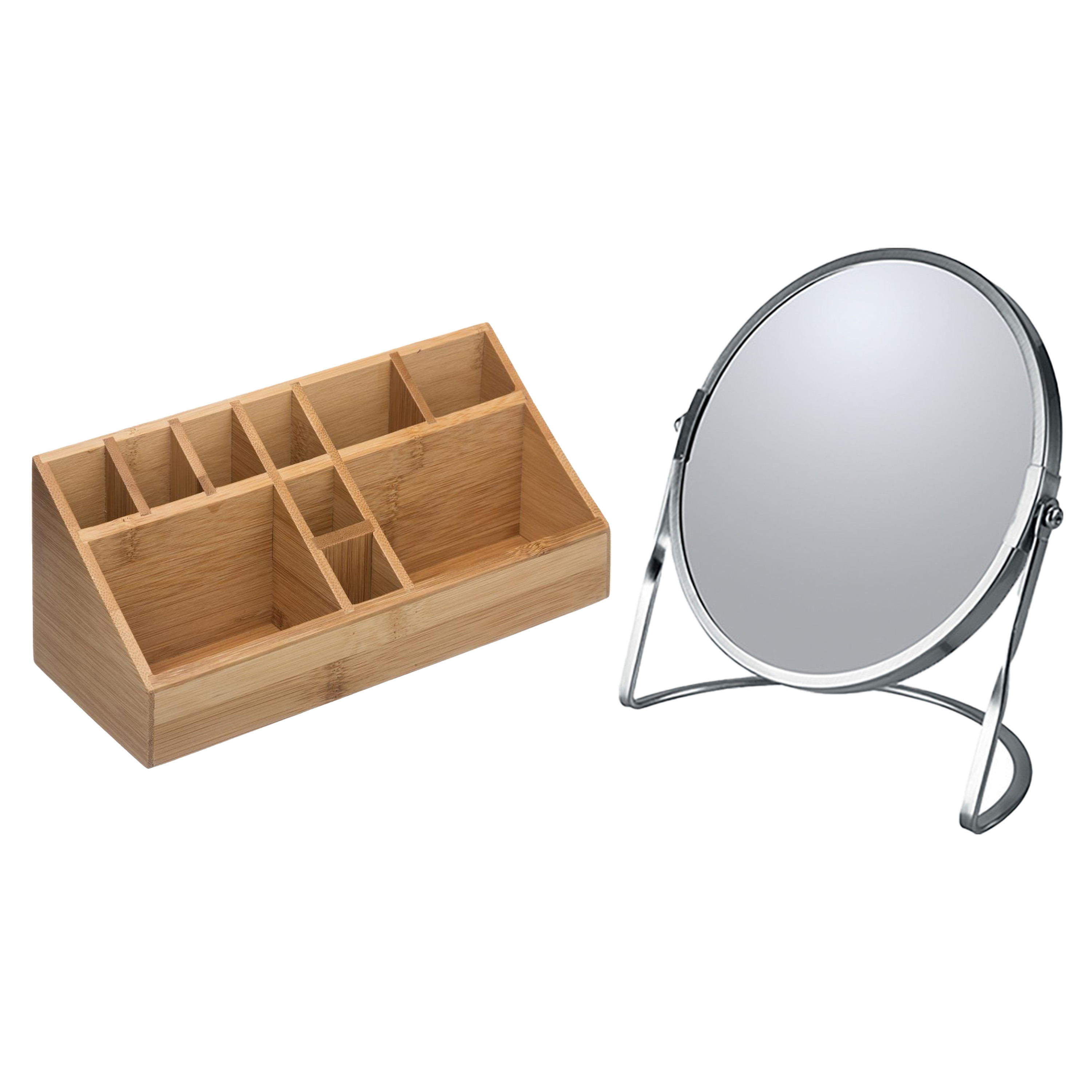 5Five Make-up organizer en spiegel set 10x vakjes bamboe-metaal 5x zoom spiegel