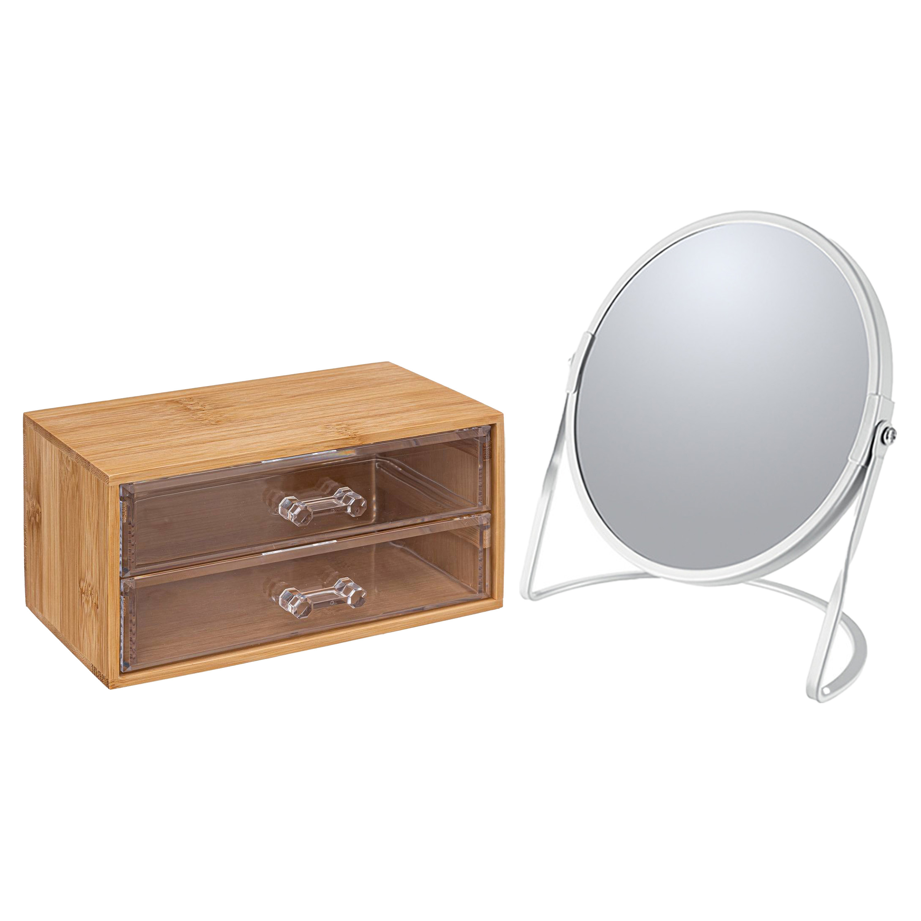 5Five Make-up organizer en spiegel set 2 lades bamboe-kunststof 5x zoom spiegel