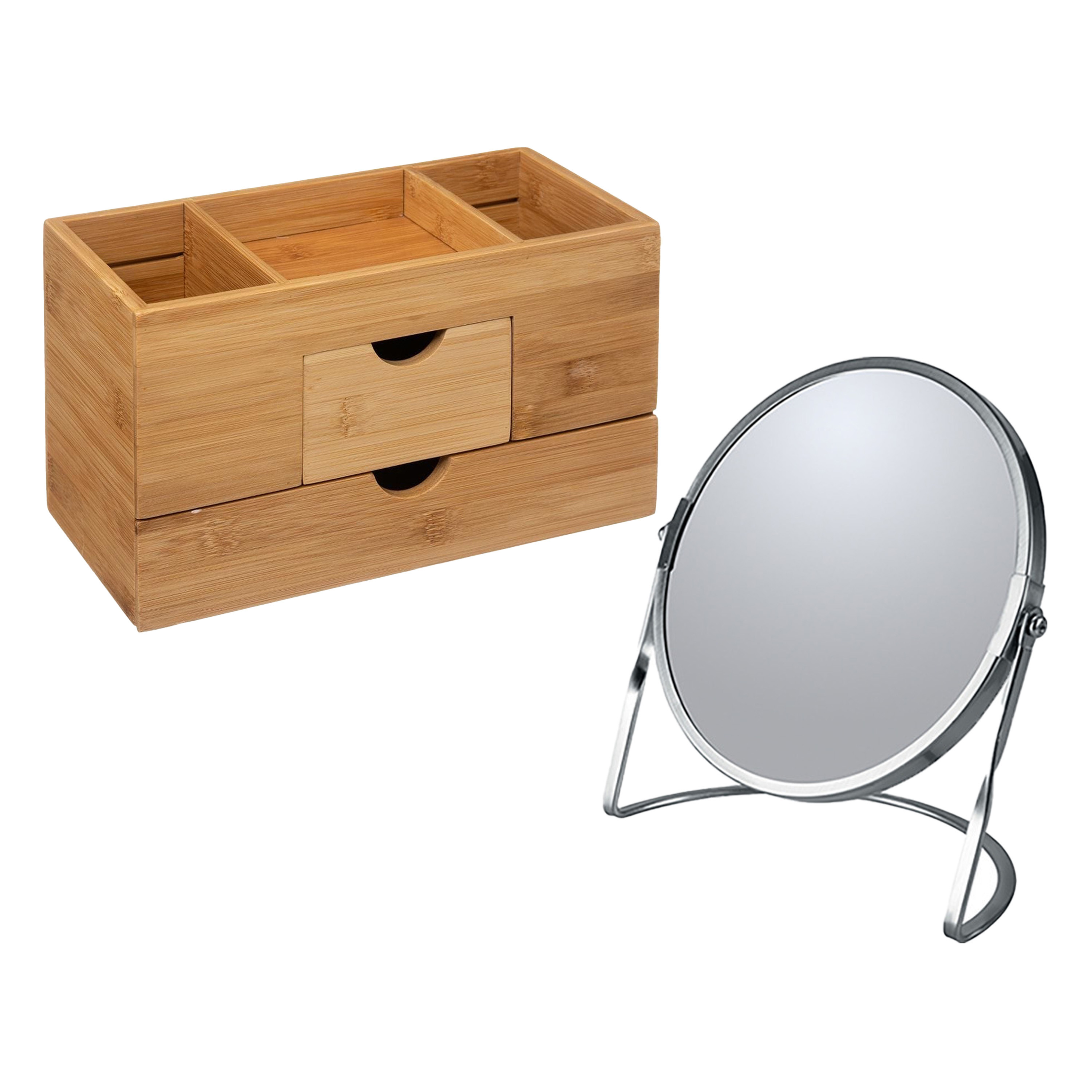 5Five Make-up organizer en spiegel set lades-vakjes bamboe-metaal 5x zoom spiegel