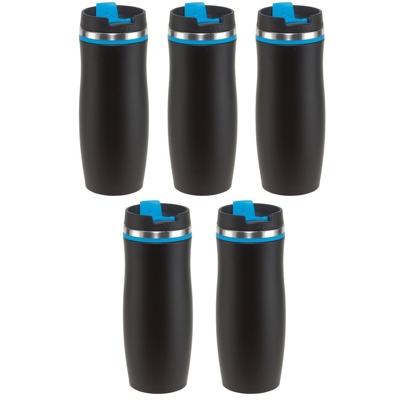 5x Dubbelwandige thermobekers zwart-blauw 400 ml