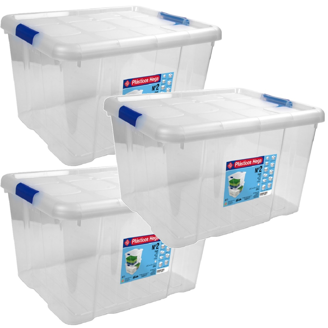 5x Opbergboxen-opbergdozen met deksel 25 liter kunststof transparant-blauw