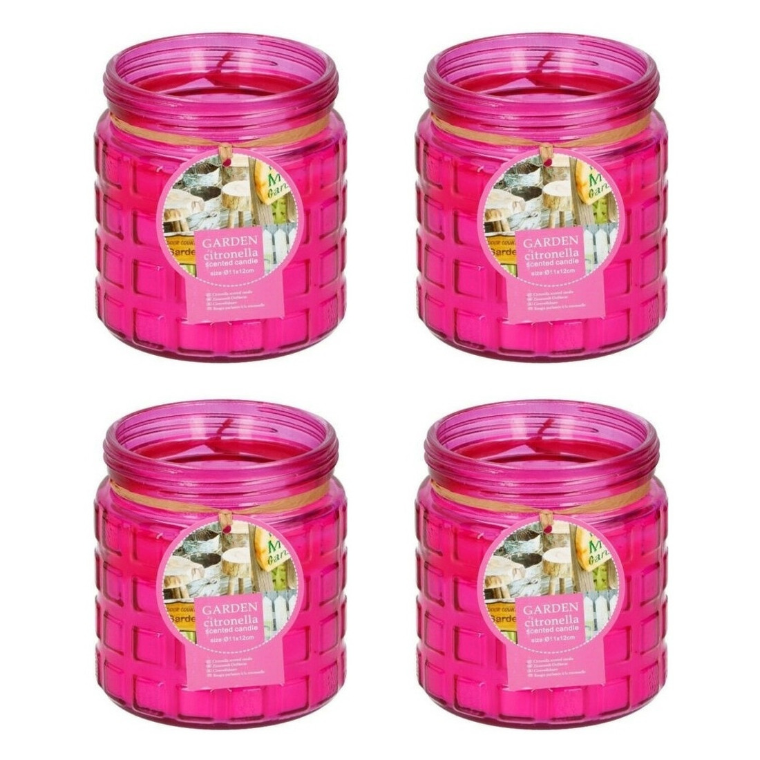5x stuks citronella kaarsen in glazen pot 12 cm fuchsia roze