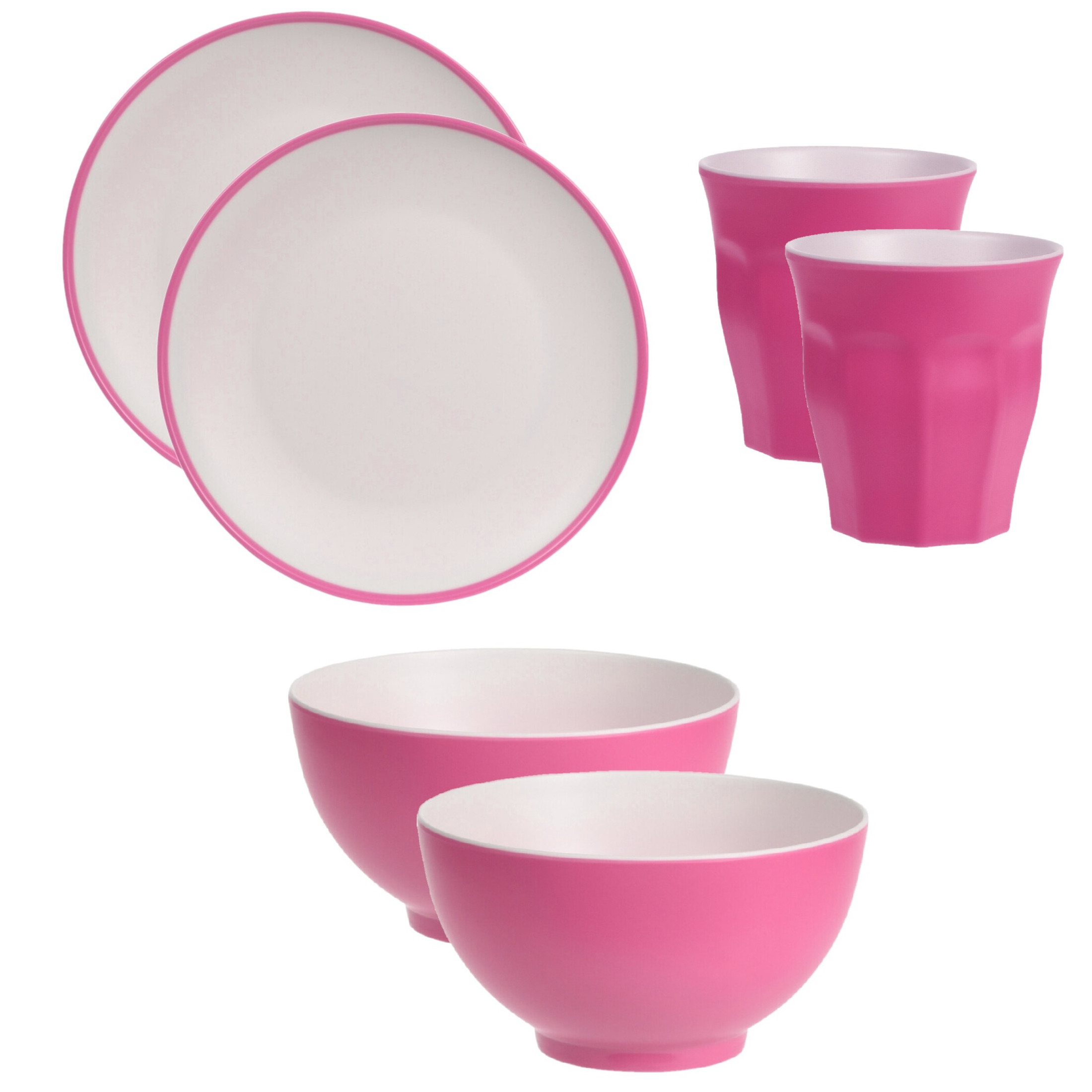 6-delige serviesset onbreekbare kunststof-melamine roze ontbijt bordjes-bekers en kommetjes
