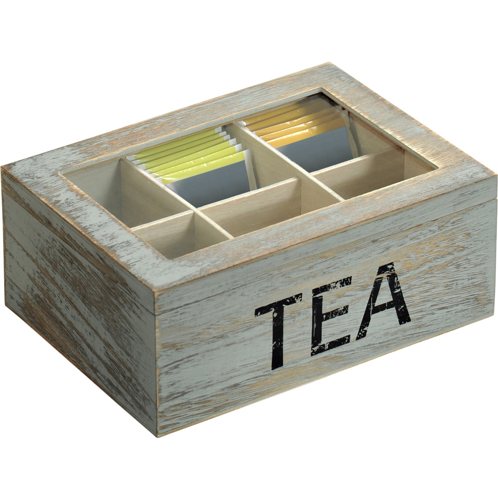 6-vaks grijs Tea theedoosje-theekistje van hout 16 x 21,7 x 9 cm