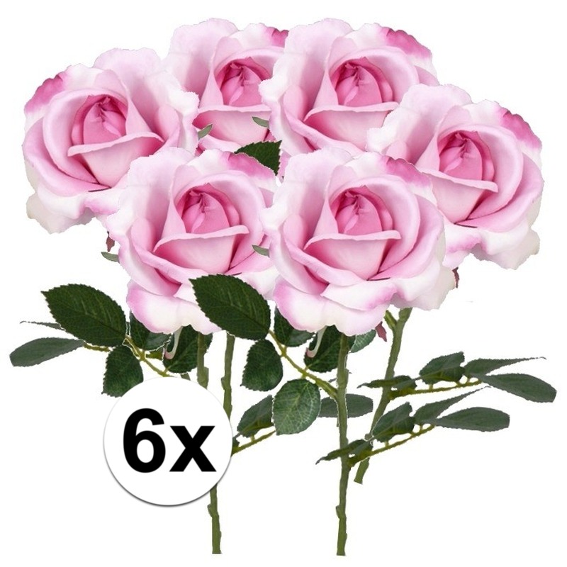 6 x Kunstbloemen steelbloem roze roos Carol 37 cm