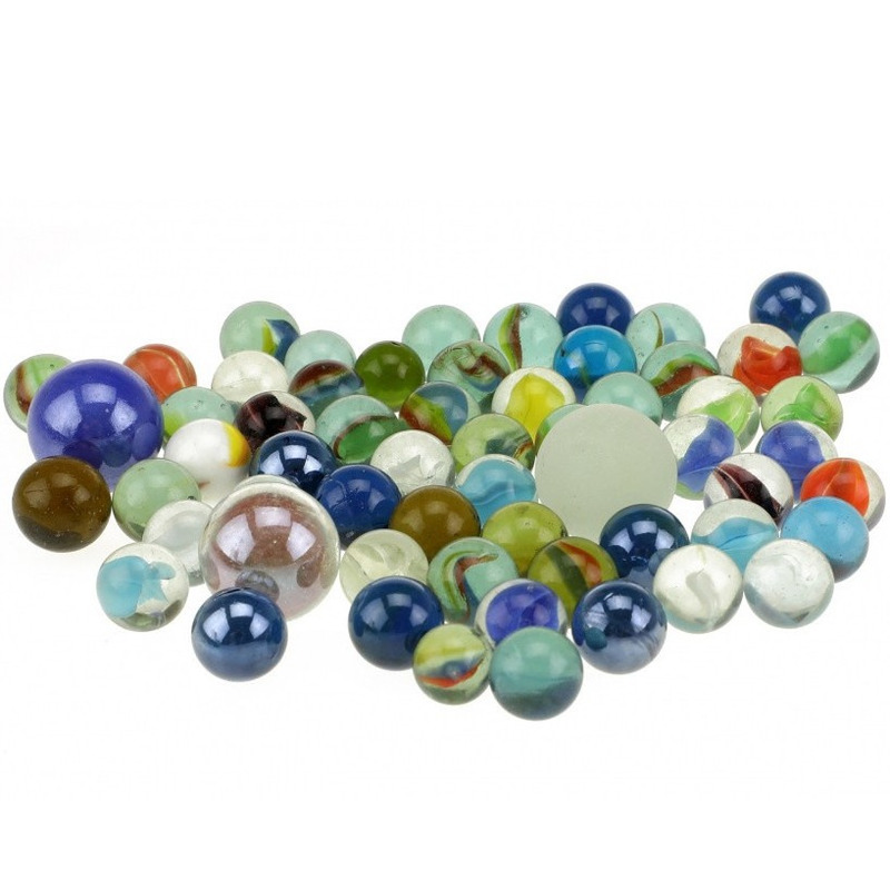 60x Glazen gekleurde speelgoed knikkers in net