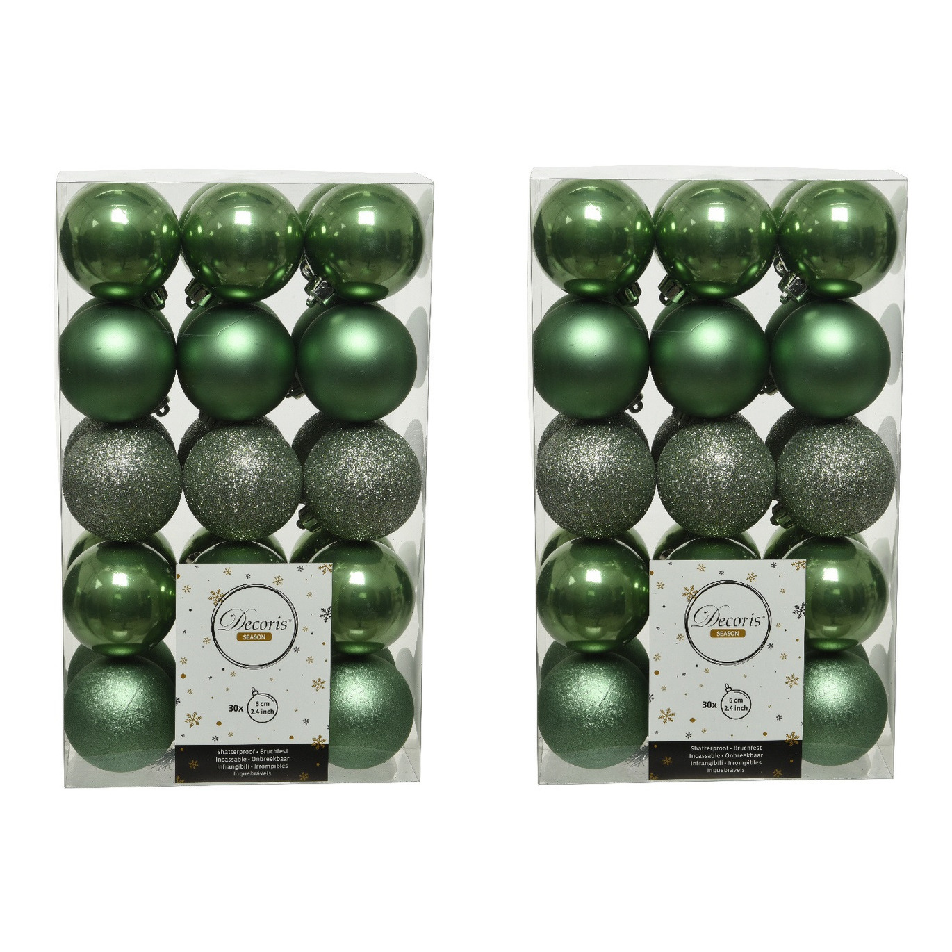 60x stuks kunststof kerstballen salie groen (sage) 6 cm glans-mat-glitter