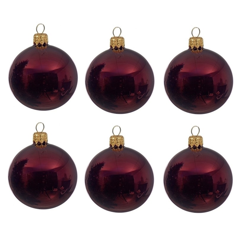 6x Glazen kerstballen glans donkerrood 6 cm kerstboom versiering-decoratie