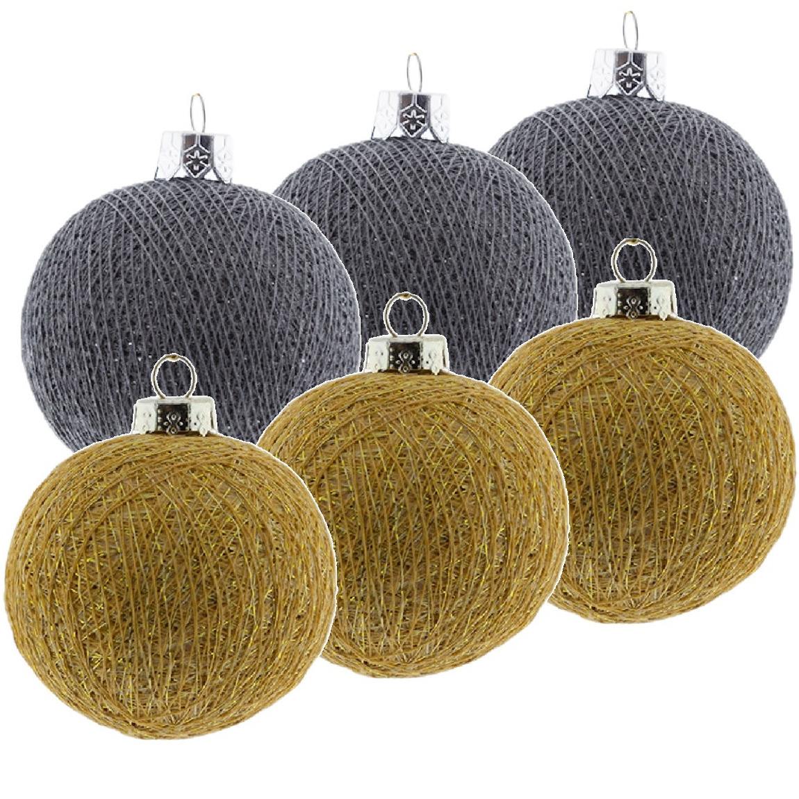 6x Grijs-gouden Cotton Balls kerstballen decoratie 6,5 cm