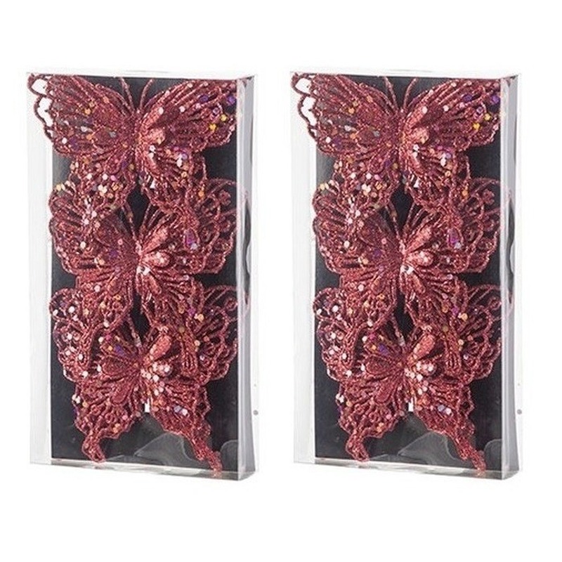 6x Kerstversieringen vlinders op clip glitter rood 11 cm