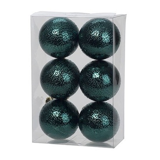 6x Kunststof kerstballen cirkel motief petrol blauw 6 cm kerstboom versiering-decoratie