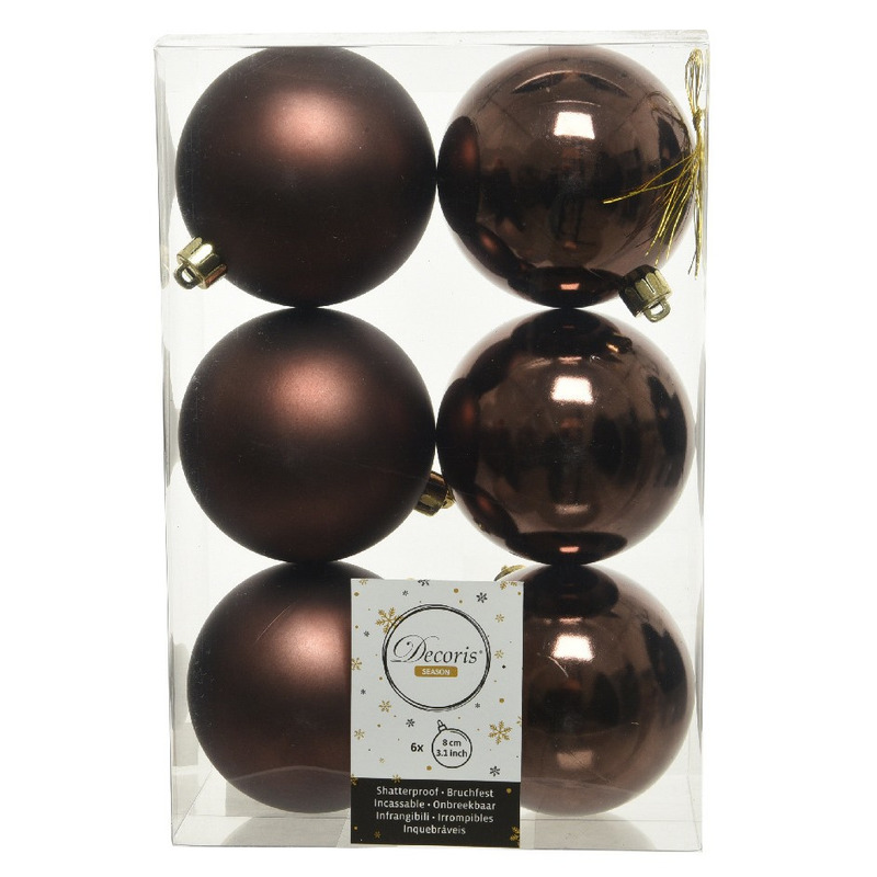6x Kunststof kerstballen glanzend-mat donkerbruin 8 cm kerstboom versiering-decoratie