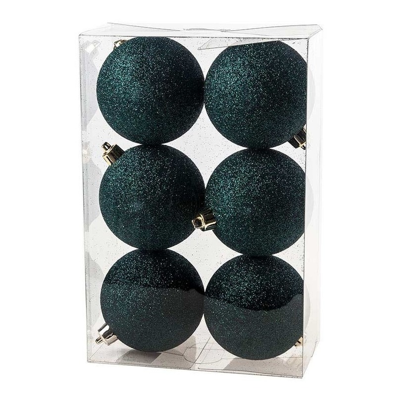 6x Kunststof kerstballen glitter petrol blauw 8 cm kerstboom versiering-decoratie