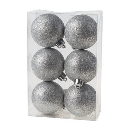 6x Kunststof kerstballen glitter zilver 6 cm kerstboom versiering-decoratie