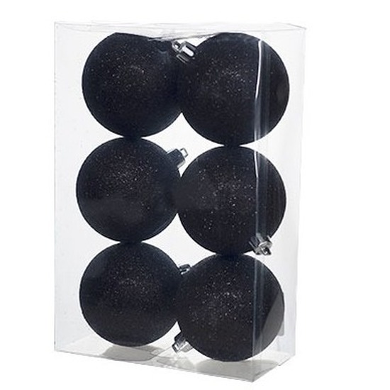 6x Kunststof kerstballen glitter zwart 8 cm kerstboom versiering-decoratie