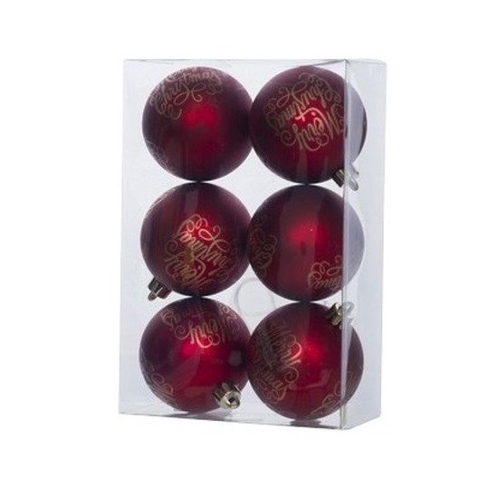 6x Kunststof kerstballen tekst rood 6 cm kerstboom versiering-decoratie