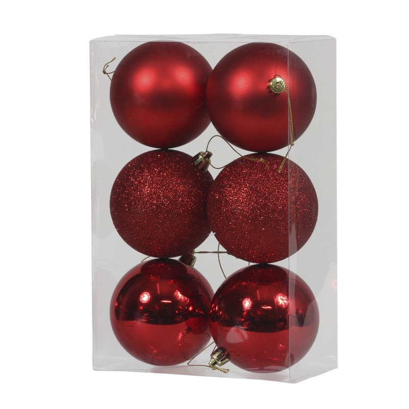 6x Rode kunststof kerstballen 8 cm glans-mat-glitter