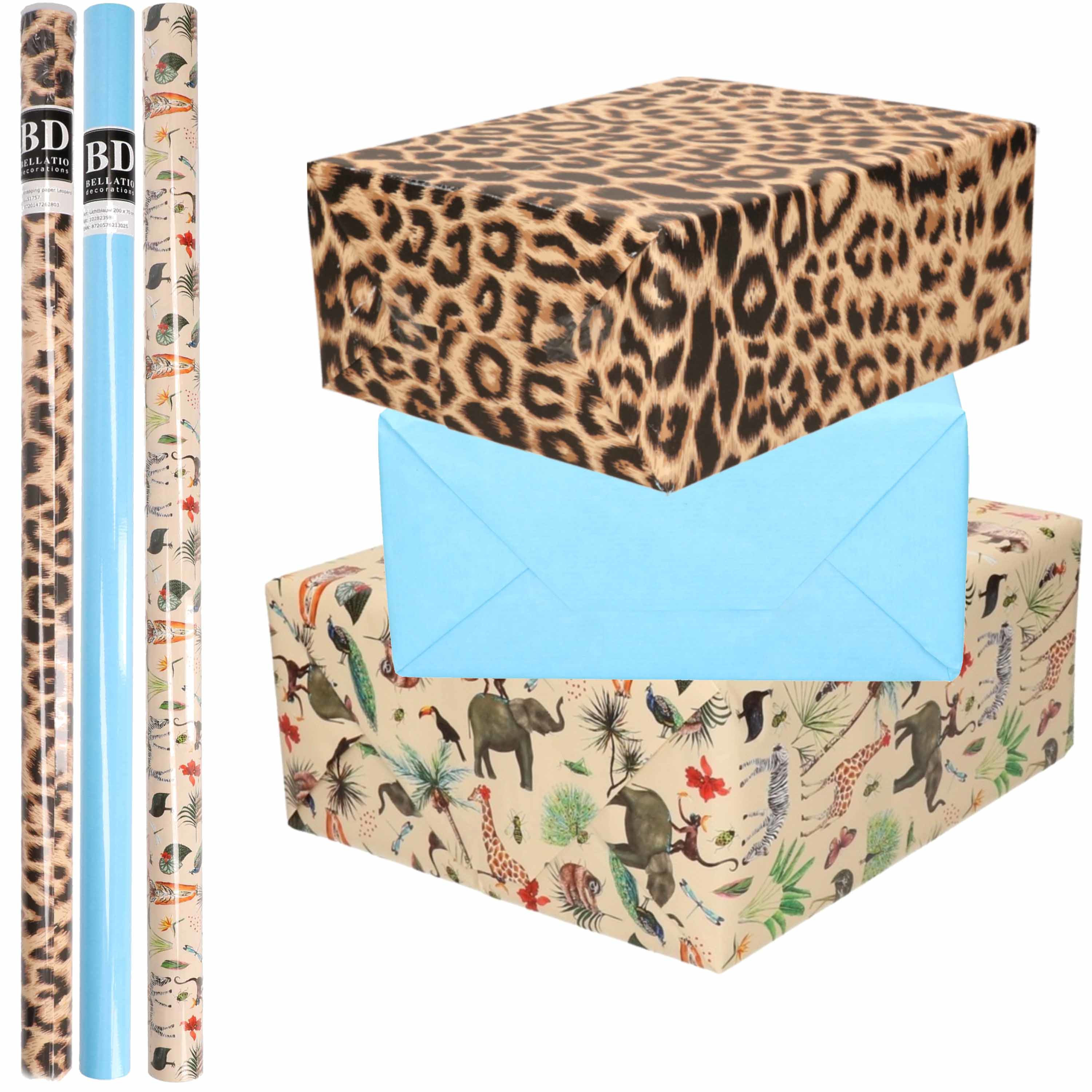 6x Rollen kraft inpakpapier jungle-panter pakket dieren-luipaard-blauw 200 x 70 cm