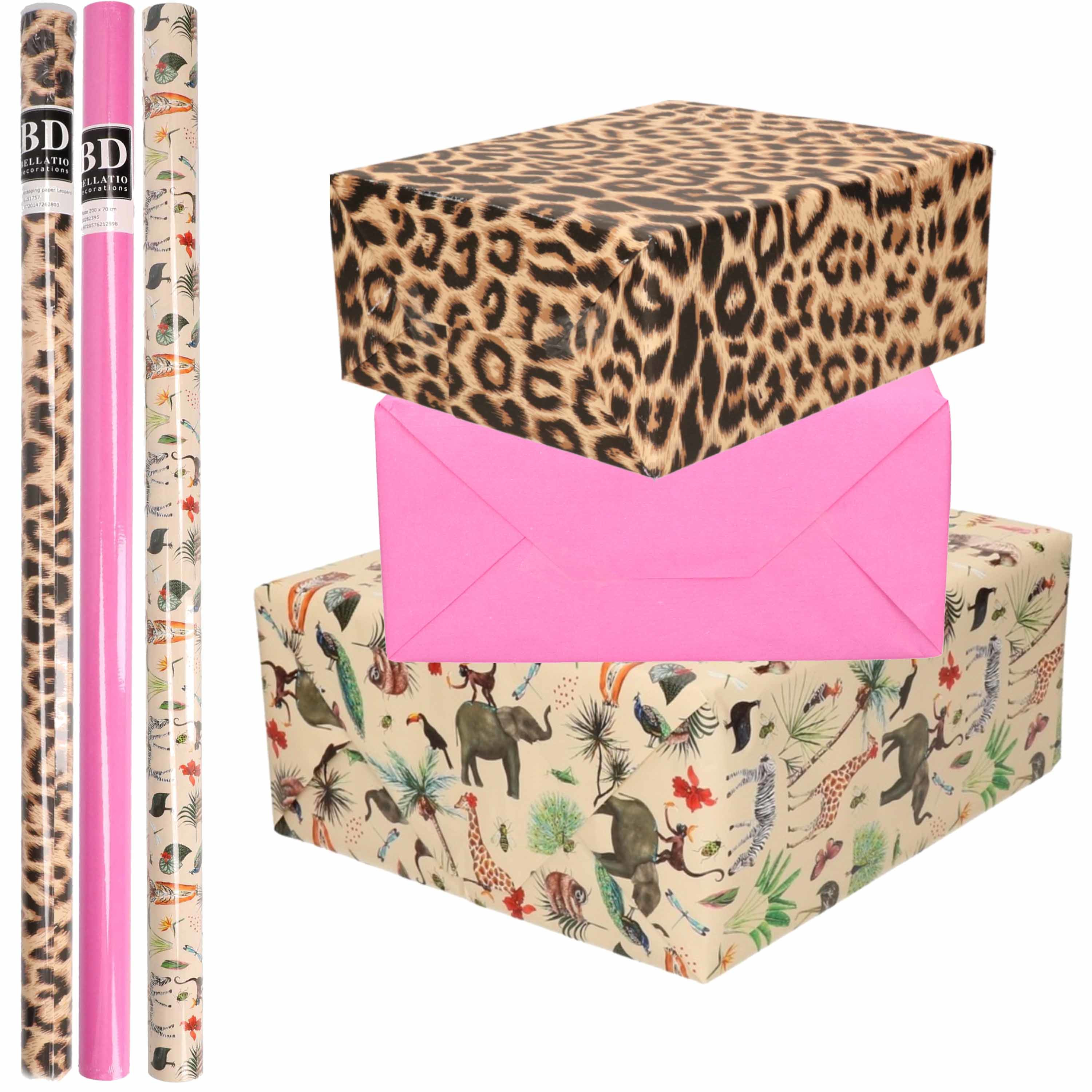 6x Rollen kraft inpakpapier jungle-panter pakket dieren-luipaard-roze 200 x 70 cm