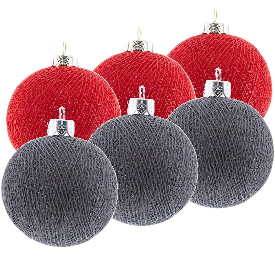6x Rood-grijze Cotton Balls kerstballen decoratie 6,5 cm