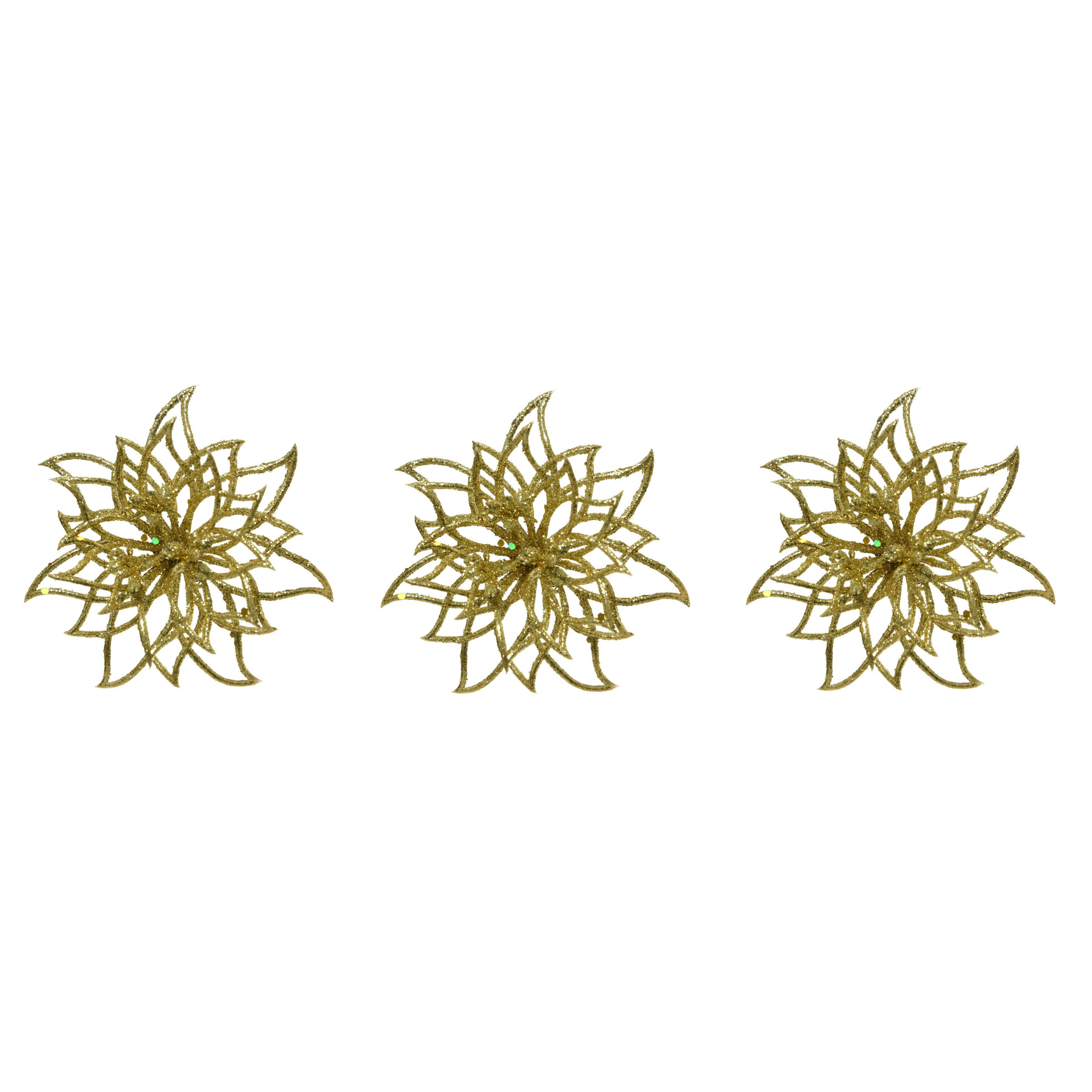 6x stuks decoratie bloemen kerstster goud glitter op clip 14 cm