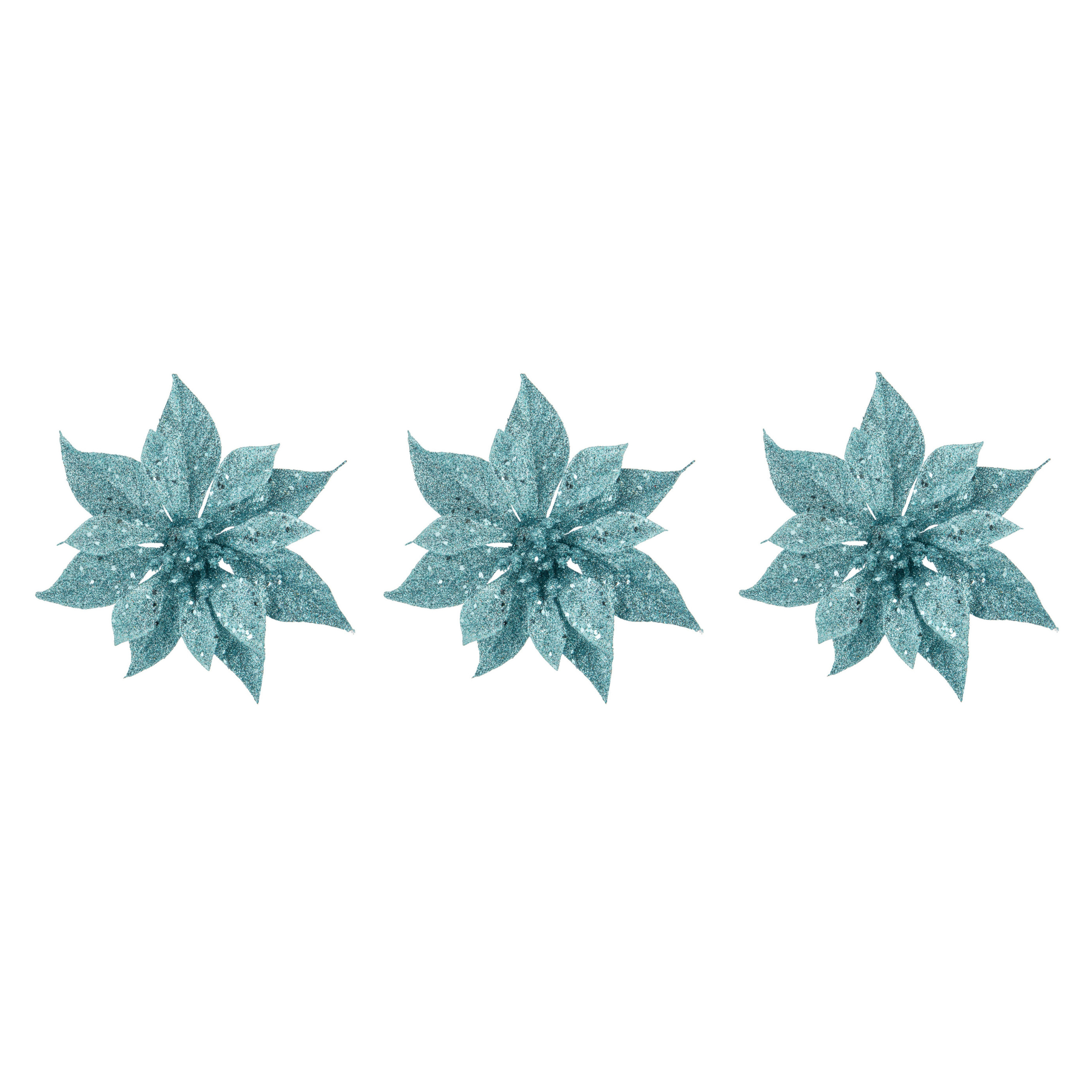 6x stuks decoratie bloemen kerstster ijsblauw glitter op clip 18 cm
