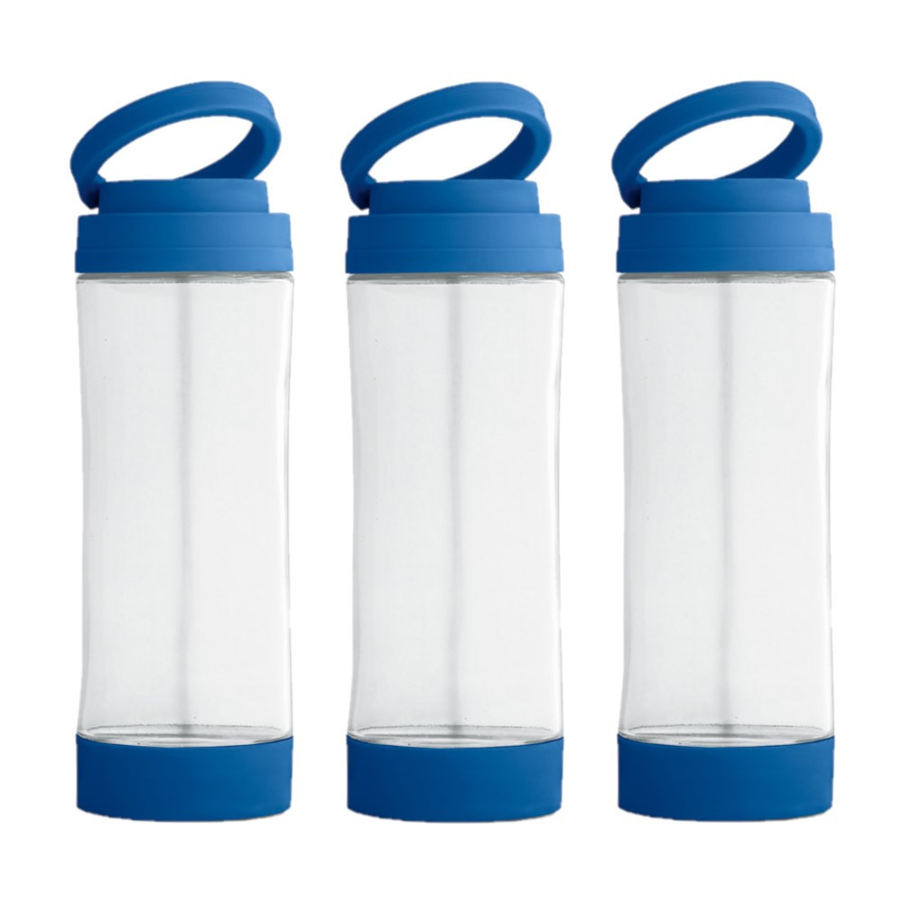 6x Stuks glazen waterfles-drinkfles met blauwe kunststof schroefdop en smartphone houder 390 ml