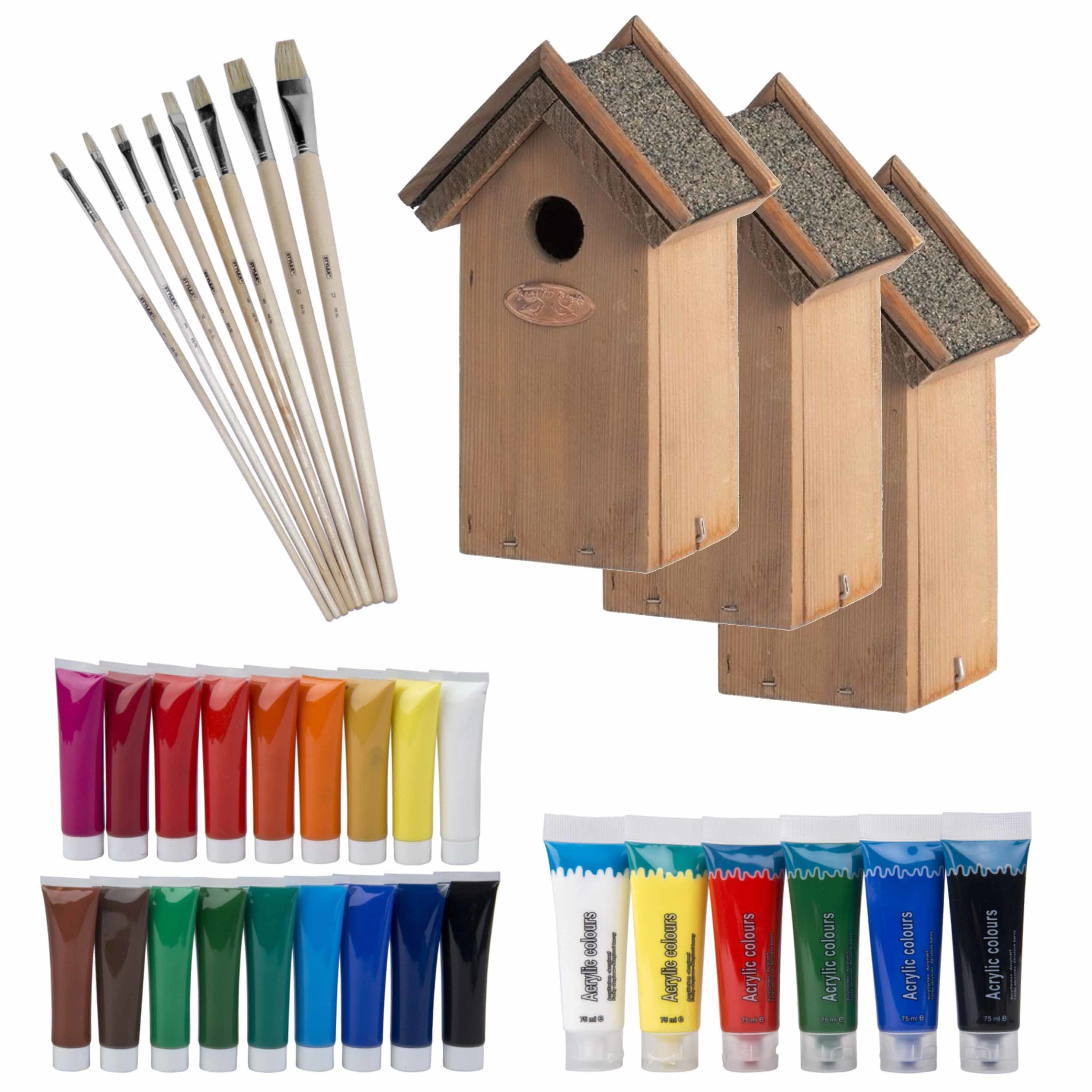 6x stuks houten vogelhuisje-nestkastje 22 cm Zelf schilderen pakket verf-kwasten