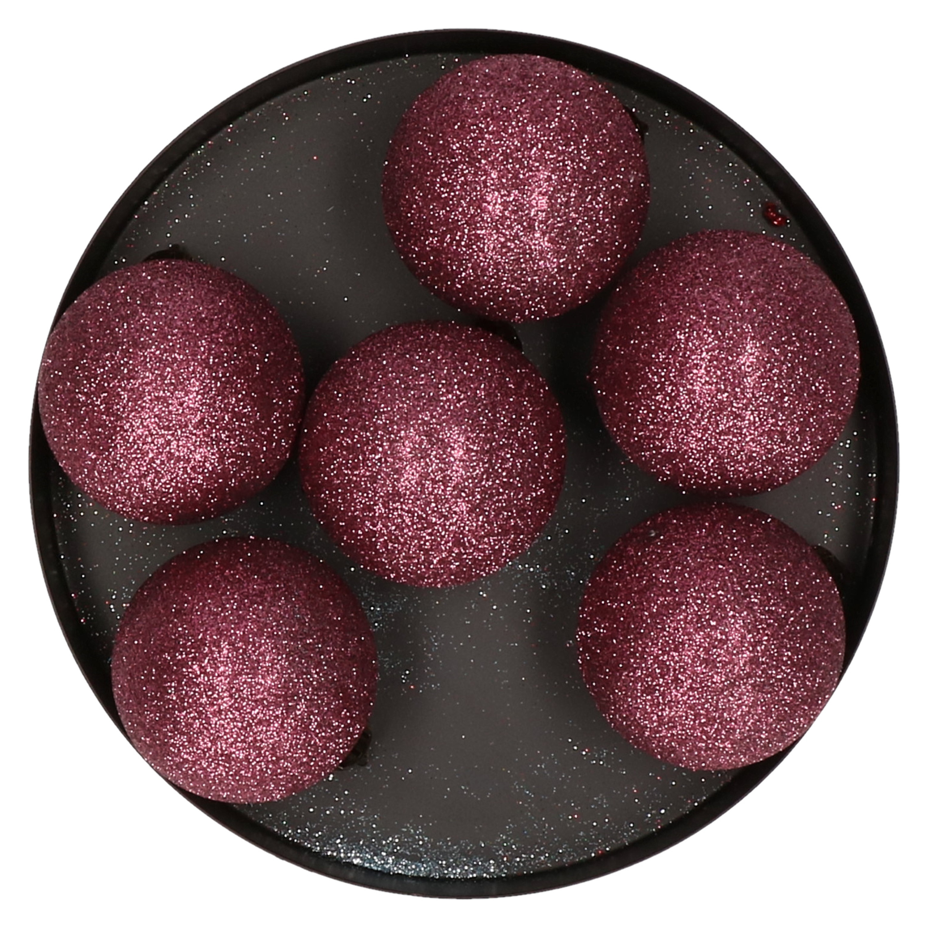 6x stuks kunststof glitter kerstballen aubergine roze 6 cm