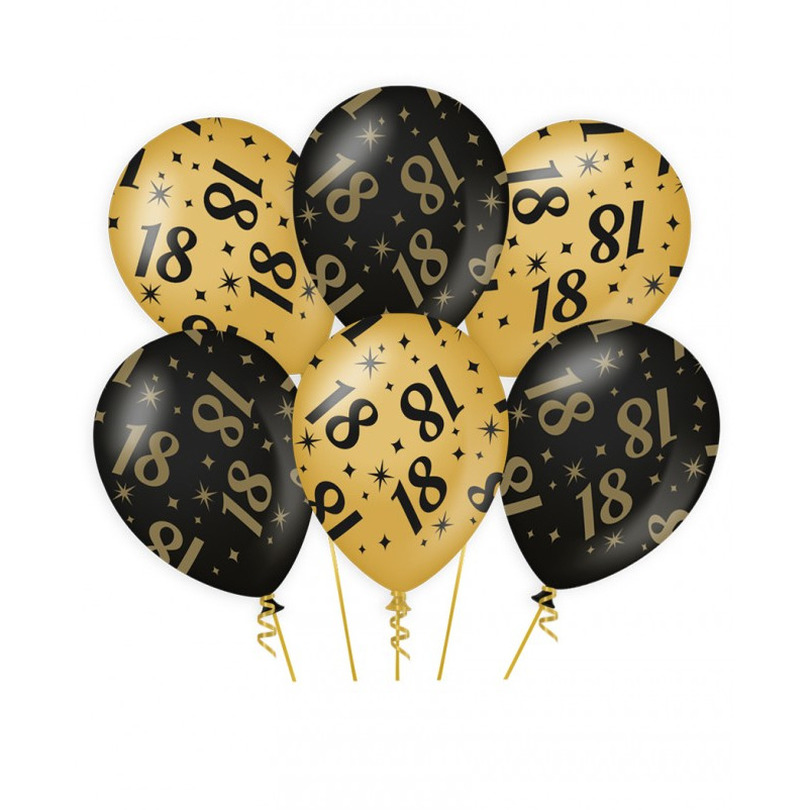 6x stuks leeftijd verjaardag feest ballonnen 18 jaar geworden zwart-goud 30 cm